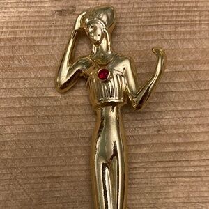 Vintage Gold-Toned Brooch Standing Woman Figure Egyptian Style Red Gem